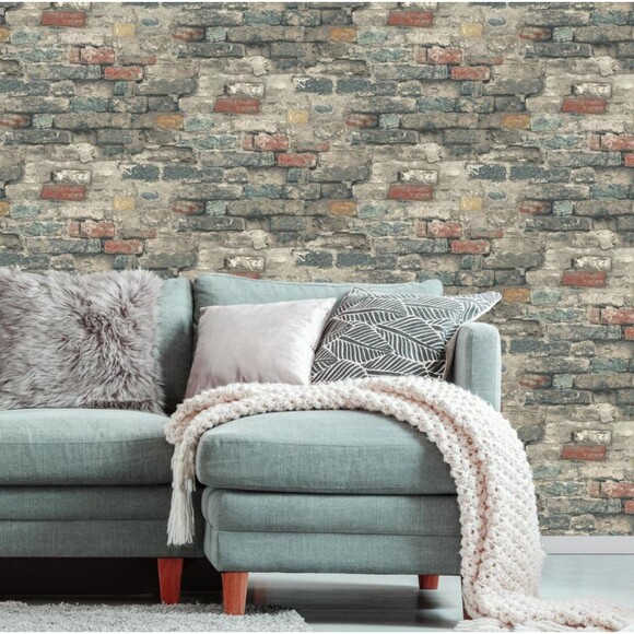 RoomMates Peel & Stick Wallpaper Weathered Brick Alley Multi Colored Vinyl Stone - Picture 1 of 8